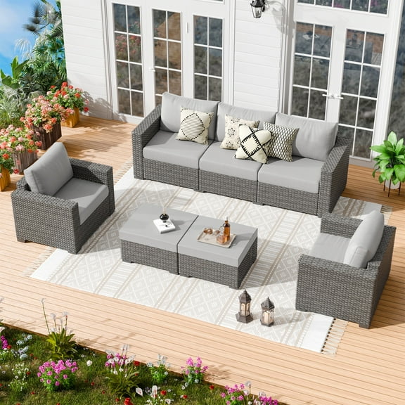 CDCASA 5 Pieces Patio Furniture Set，All Weather Rattan Outdoor Sectional Furniture，Wicker Conversation Set With Removable Cushion Covers for Porch Yard Deck, Gray