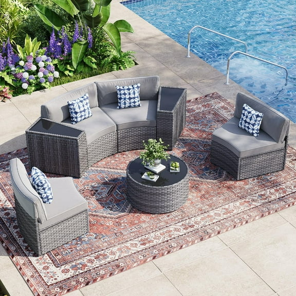 CDCASA 7 Piece Patio Furniture Set with Coffee Table, Half-Moon Curved Outdoor Sectionals, All Weather Wicker Rattan Conversation Set, Grey