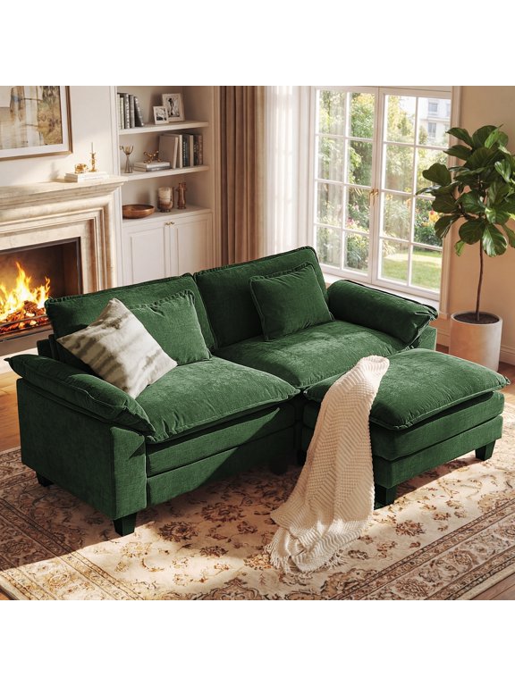 86" Modular Sectional Sofa, 2-Seat L Shaped Cloud Couch with Movable Ottoman, Deep Seat Modern Sofa, Sectional Couches for Living Room, Green