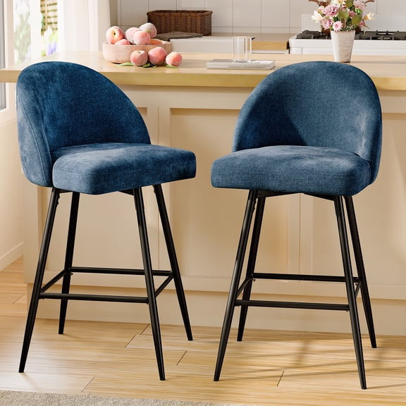 CDCASA Swivel Counter Height Bar Stools Set of 2, 27" Seat Height Modern Barstools with Back and Metal Legs, Chenille Upholstered Kitchen Island Chairs, Navy Blue