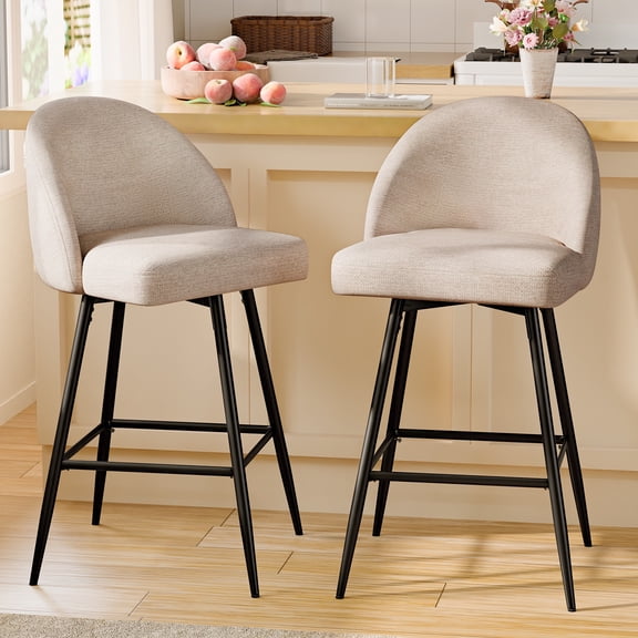 CDCASA Counter Height Bar Stools with Back Sets of 2, 360°Swivel Upholstered Barstools with Metal Legs, 27" Seat Height Bar Stool for Kitchen Island, Light Flax