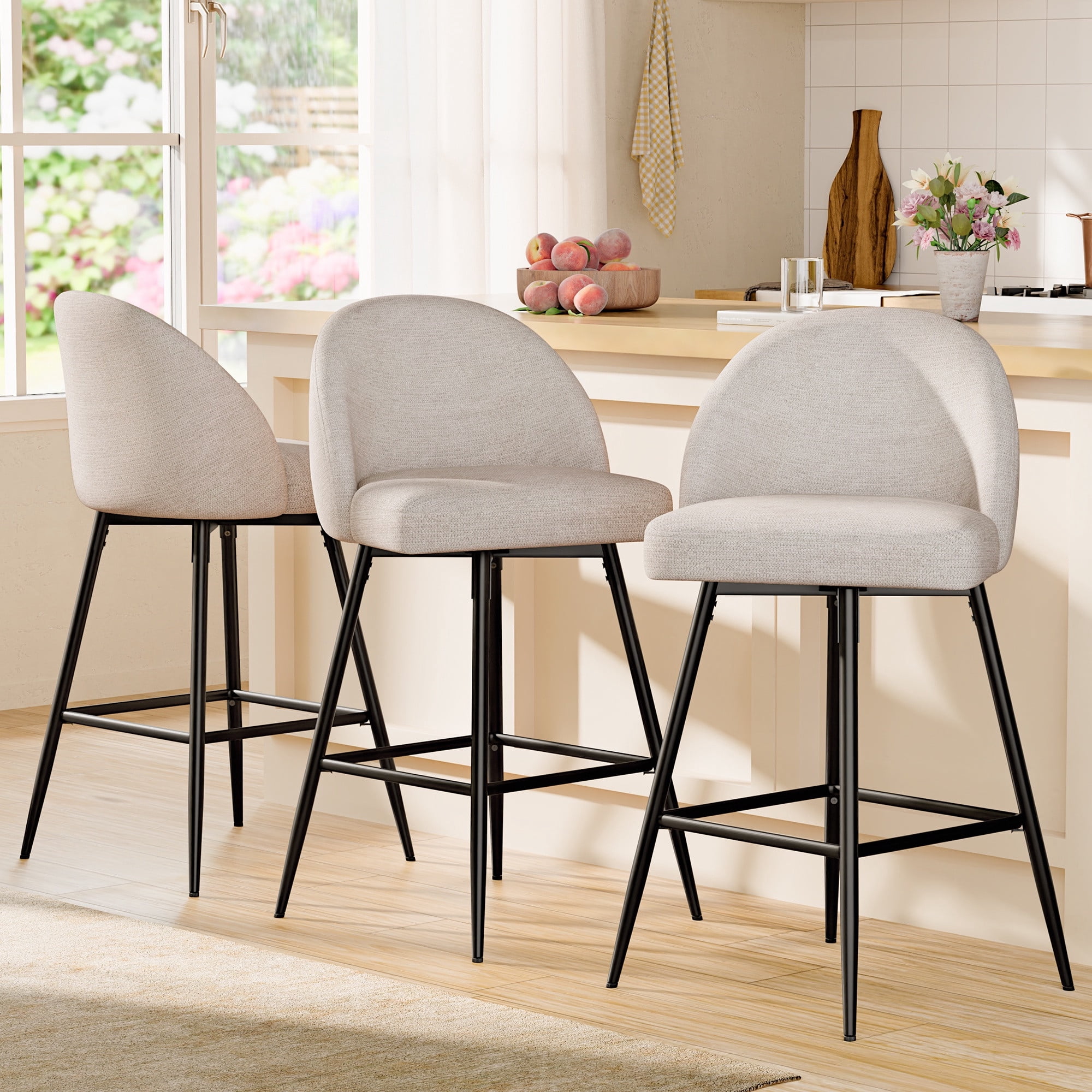 CDCASA Swivel Counter Height Bar Stools Set of 3, 27" Seat Height Modern Barstools with Back and Metal Legs, Chenille Upholstered Kitchen Island Chairs, Beige