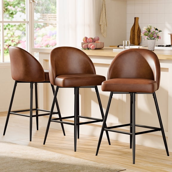 CDCASA Swivel Counter Height Bar Stools Set of 3, 27" Seat Height Modern Barstools with Back and Metal Legs, Upholstered Kitchen Island Chairs, Faux Leather in Brown