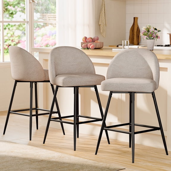 CDCASA Counter Height Bar Stools with Back Sets of 3, 360°Swivel Upholstered Barstools with Metal Legs, 27" Seat Height Bar Stool for Kitchen Island, Light Flax
