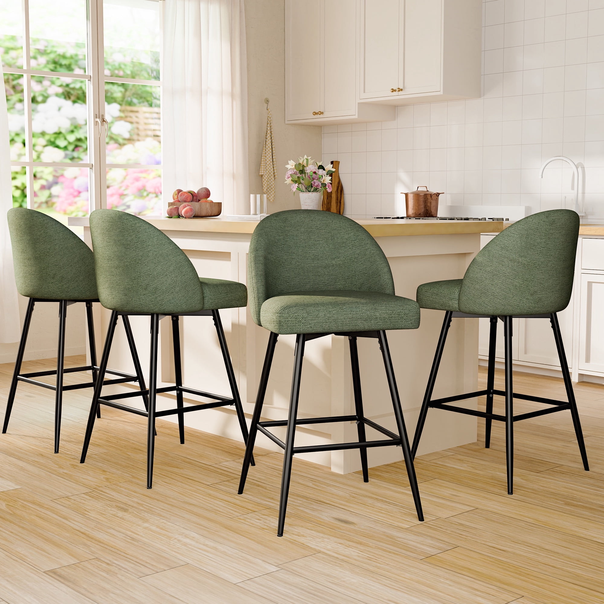 CDCASA Swivel Counter Height Bar Stools Set of 4, 27" Seat Height Modern Barstools with Back and Metal Legs, Chenille Upholstered Kitchen Island Chairs, Green