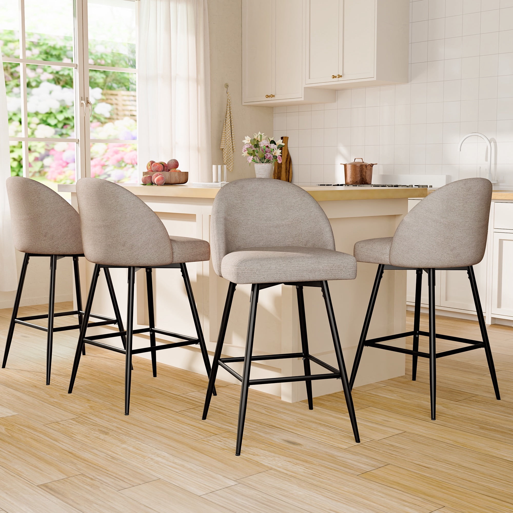 CDCASA Counter Height Bar Stools with Back Sets of 4, 360°Swivel Upholstered Barstools with Metal Legs, 27" Seat Height Bar Stool for Kitchen Island, Light Flax
