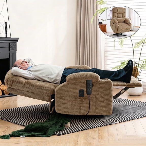 JULY'S SONG Dual Motor Lay Flat Power Lift Recliner Chair with Heat and Massage, USB & Type-C Ports, Large Recliners for Living Room, Oversized Recliner for Adults & Elderly - Beige