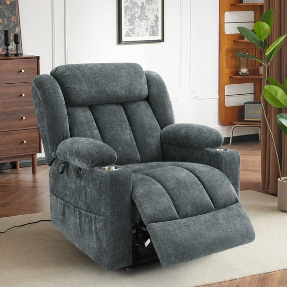 JULY'S SONG Lay Flat Recliner Chair with Heat and Massage, Dual Motor Lift Chairs with Cup Holder, Oversized Power Recliners for Adults-Gray Blue