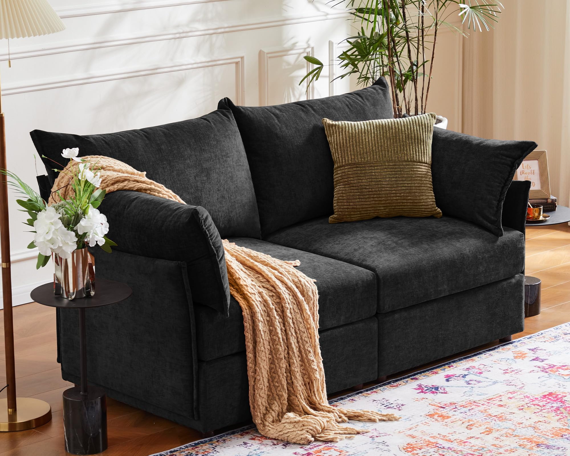 CDCASA Modern Loveseat Sofa, 2 Seater Chenille Sectional Sofa Couch with Deep Seat, Upholstered Couches for Living Room, Black