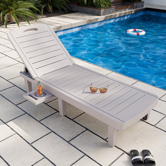 CDCASA Oversized Outdoor Chaise Lounge Chair with 5-Level Adjustable Backrest & Hidden Cup Holder, PP Resin Waterproof Patio Lounge Chairs for Outside(Gray, Set of 1)