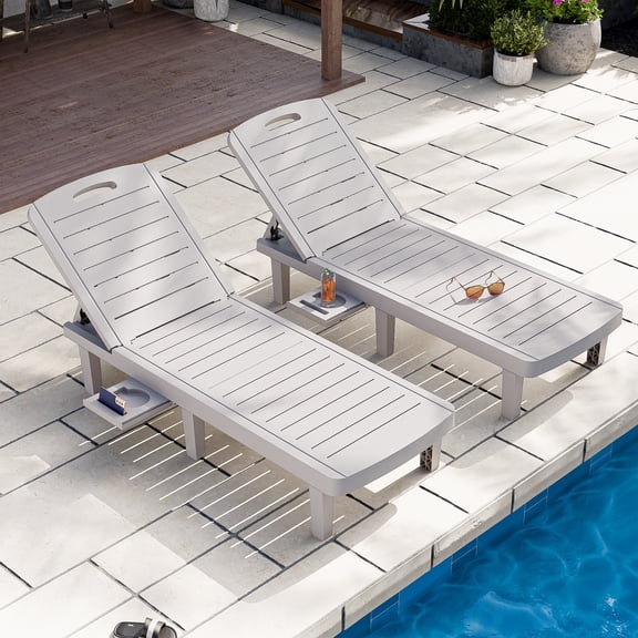 CDCASA Oversized Outdoor Chaise Lounge Chair with 5-Level Adjustable Backrest & Hidden Cup Holder, PP Resin Waterproof Patio Lounge Chairs for Outside(Gray, Set of 2)