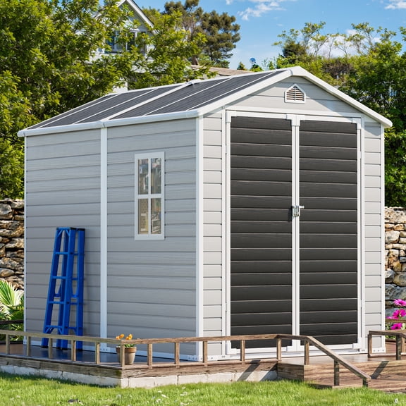 CDCASA Outdoor Storage Shed, 8' x 6' Resin Shed with Lockable Door, Heavy Duty Polypropylene Plastic Tool Shed for Backyard, Garden, Gray