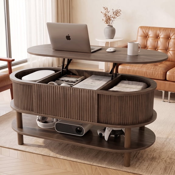 CDCASA Oval Lift Top Coffee Table with Storage, Fluted Lift Top Coffee Tables for Living Room, Mid Century Modern Oval Center Table with Sliding Cabinet Door, Dark Brown
