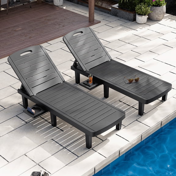 CDCASA Oversized Outdoor Chaise Lounge Chair with 5-Level Adjustable Backrest & Hidden Cup Holder, PP Resin Waterproof Patio Lounge Chairs for Outside(Black, Set of 2)