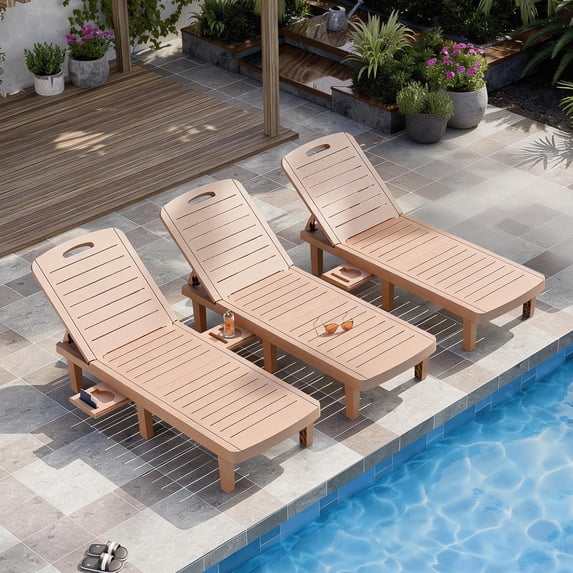 CDCASA Oversized Outdoor Chaise Lounge Chair with 5-Level Adjustable Backrest & Hidden Cup Holder, PP Resin Waterproof Patio Lounge Chairs for Outside(Brown, Set of 3)