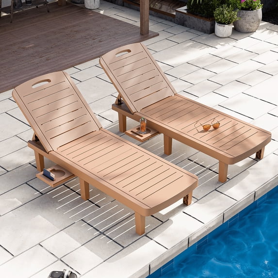 CDCASA Oversized Outdoor Chaise Lounge Chair with 5-Level Adjustable Backrest & Hidden Cup Holder, PP Resin Waterproof Patio Lounge Chairs for Outside(Brown, Set of 2)