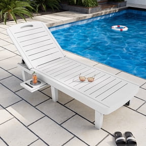 CDCASA Oversized Outdoor Chaise Lounge Chair with 5-Level Adjustable Backrest & Hidden Cup Holder, PP Resin Waterproof Patio Lounge Chairs for Outside(White, Set of 1)
