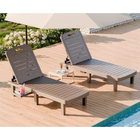 CDCASA Oversized Outdoor Chaise Lounge Chair – 5-Position Adjustable Backrest, Hidden Cup Holder, Weather-Resistant Resin Pool Lounge Chairs for Patio, Deck, and Backyard (Set of 2, Taupe)