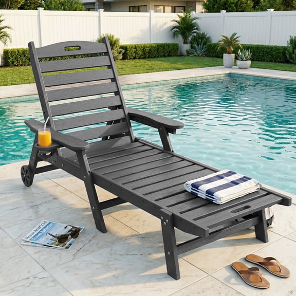 CDCASA Patio Chaise Lounge Chair with Wheels, 6-Position Adjustable HDPE Outdoor Lounge Chair, Pool Lounge Chairs with Cup Holder, Grey
