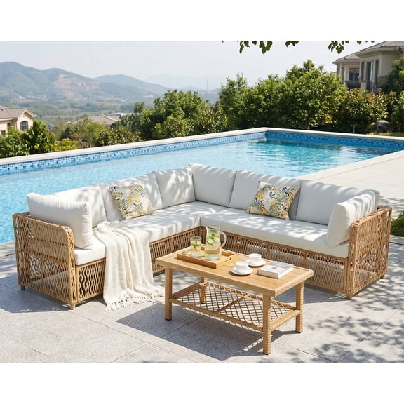 CDCASA Patio Furniture Set with Waterproof Cover, Oversized Outdoor Sectional Sofa Set w/Water-Resistant Fabric & Coffee Table, L Shaped Wicker Conversation Set for Outside, Beige