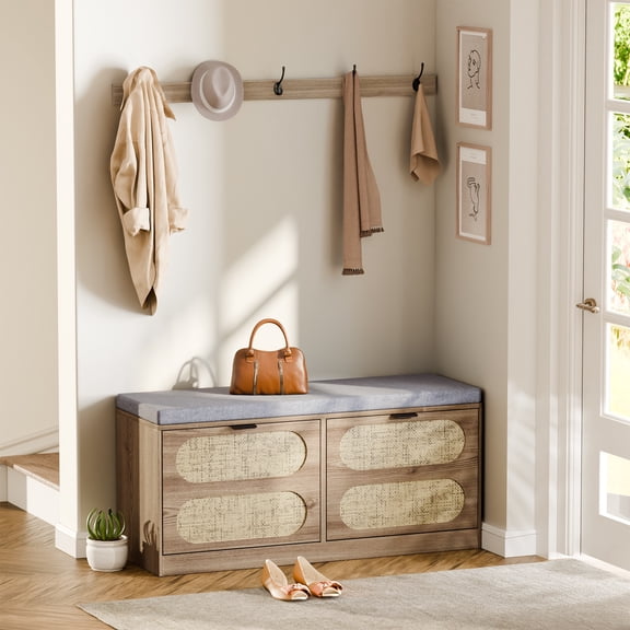 CDCASA Rattan Shoe Storage Bench with Coat Rack Shoe Organizer with Flip-Up Shoe Cabinet & Cushion Narrow Shoe Rack for Entryway Living Room, Rustic Oak-Oval