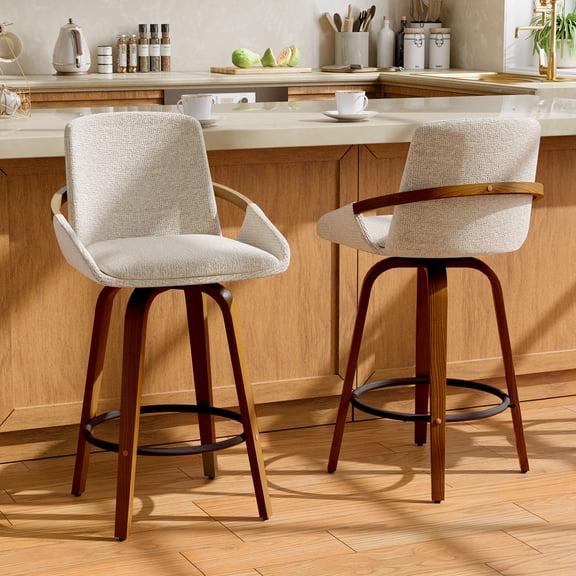 CDCASA Swivel Bar Stools Set of 2, 26 Inch Counter Height Bar Stools with High Backrest, Linen Wood Upholstered Modern Barstools for Kitchen Counter, Beige