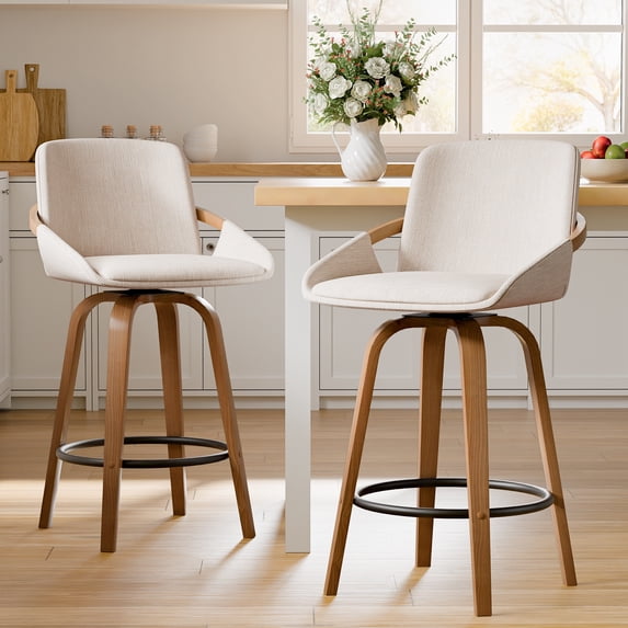 CDCASA Swivel Bar Stools Set of 2, 26 Inch Counter Height Bar Stools with High Backrest, Linen Wood Upholstered Modern Barstools for Kitchen Counter, Beige