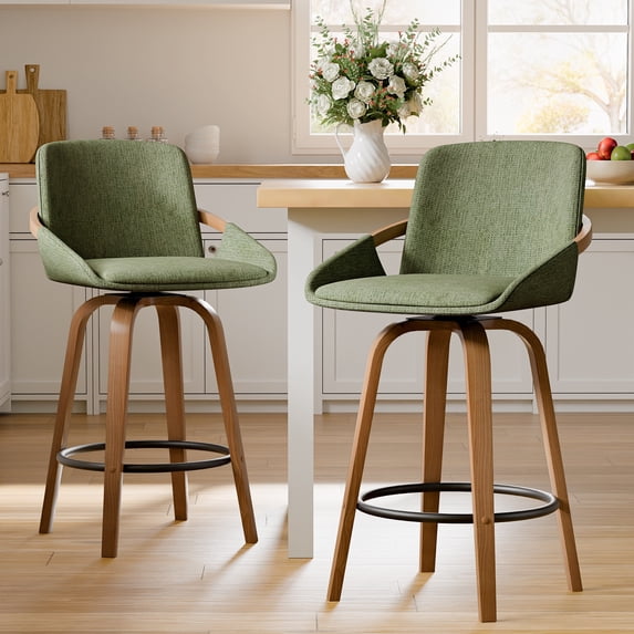 CDCASA Swivel Bar Stools Set of 2, 26 Inch Counter Height Bar Stools with High Backrest, Linen Wood Upholstered Modern Barstools for Kitchen Counter, Green