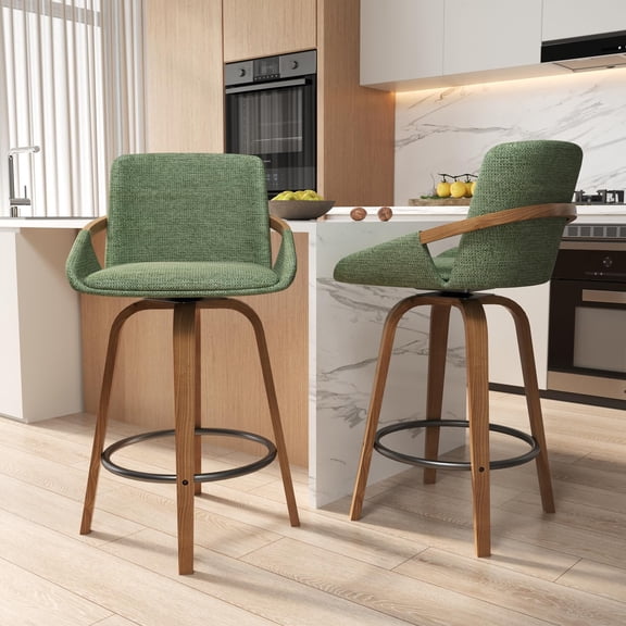 CDCASA Swivel Bar Stools Set of 2, 26 Inch Counter Height Bar Stools with High Backrest, Linen Wood Upholstered Modern Barstools for Kitchen Counter, Green