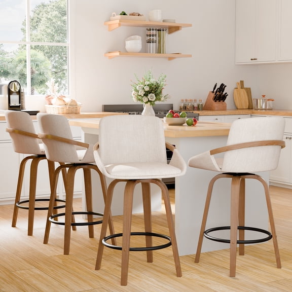 CDCASA Swivel Bar Stools Set of 4, 26 Inch Counter Height Bar Stools with High Backrest, Linen Wood Upholstered Modern Barstools for Kitchen Counter, Beige