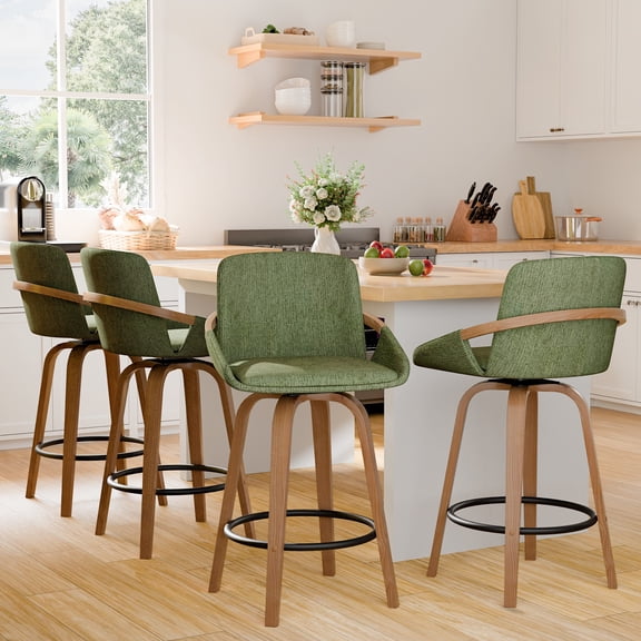 CDCASA Swivel Bar Stools Set of 4, 26 Inch Counter Height Bar Stools with High Backrest, Linen Wood Upholstered Modern Barstools for Kitchen Counter, Green