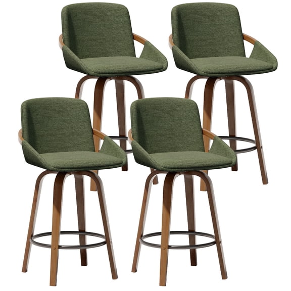 CDCASA Swivel Bar Stools Set of 4, 26 Inch Counter Height Bar Stools with High Backrest, Linen Wood Upholstered Modern Barstools for Kitchen Counter, Green