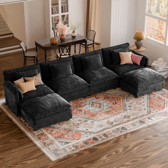 JULY'S SONG U Shaped Couch Set, 4-Seater Modular Sectional Sofa with Movable Ottoman, Deep Seat Couches and Sofas for Living Room, Comfy Cloud Couch with Detachable Cushions, Chenille Black