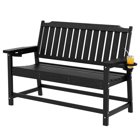 CDCASA Waterproof Outdoor Bench for 2-Person with Cup Holder, All-Weather HDPE Fade Resistant Garden Bench Supports 660 lbs for Patio, Park(Black)