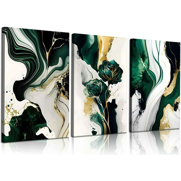 CDDposter 3Pcs Framed Emerald Green Wall Art, Modern Green and Gold Abstract Marble Canvas Wall Art Paintings Prints Posters Wall Decor Pictures for Living Room Bedroom Office Home Decoration