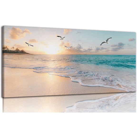CDDposter Beach Wall Art Decor for Living Room Ocean Canvas Picture for Wall Gold Sunset Painting for Bedroom Blue Seascape Theme Art Print for Bathroom Home Office Decoration Ready to Hang