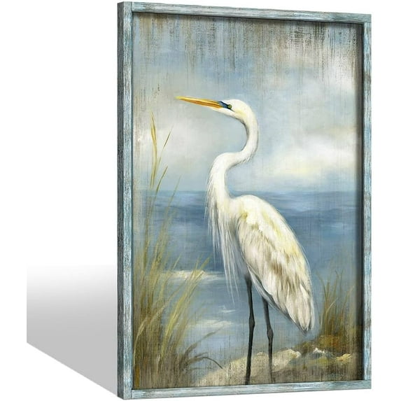 CDDposter Coastal Beach Framed Wall Art: Large Heron Wooden Painting Ocean Sea Bird Prints Blue Seasacoe Picture Beach Seashore Artwork for Bathroom Bedroom Home Office