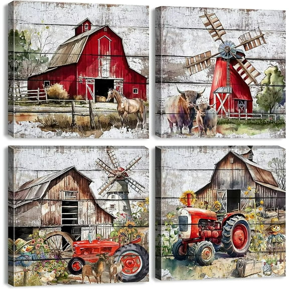 CDDposter Country Wall Art Farmhouse Barn Pictures Wall Decor Rustic Windmill Rusty Truck Canvas Prints Posters Watercolor Cattle Horses Painting Farm Artwork for Bathroom Decor 18x18 4Pcs