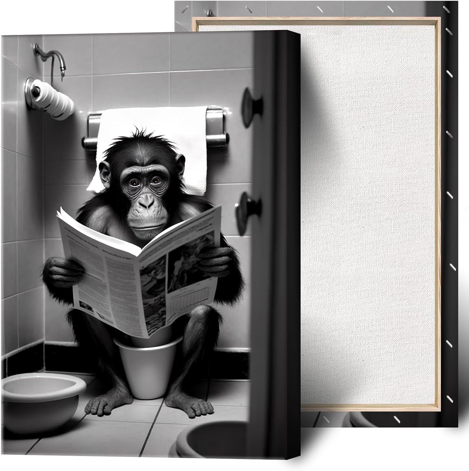 CDDposter Funny Animal Bathroom Canvas Wall Art Cute Monkey Sitting On The Toilet Reading A ...
