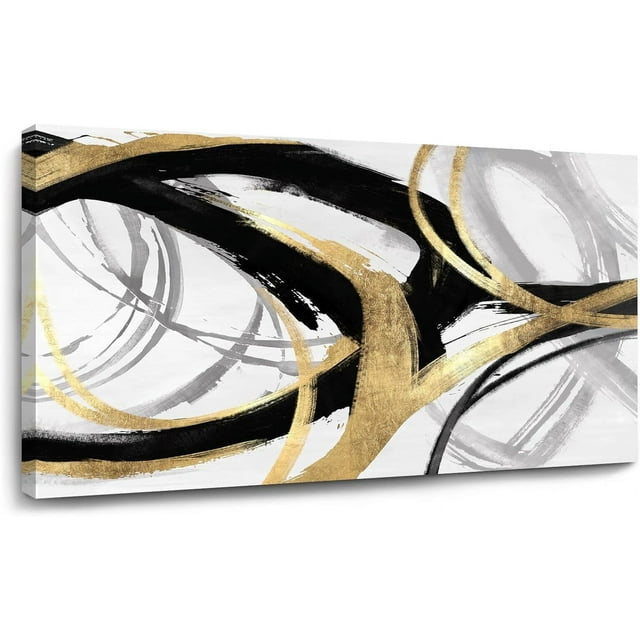 CDDposter Gold Wall Decor - Black Canvas Wall Art for Living Room- Large Line Artwork - 20" x 40" Oil Painting Abstract Pictures for Bedroom Kitchen Home Office
