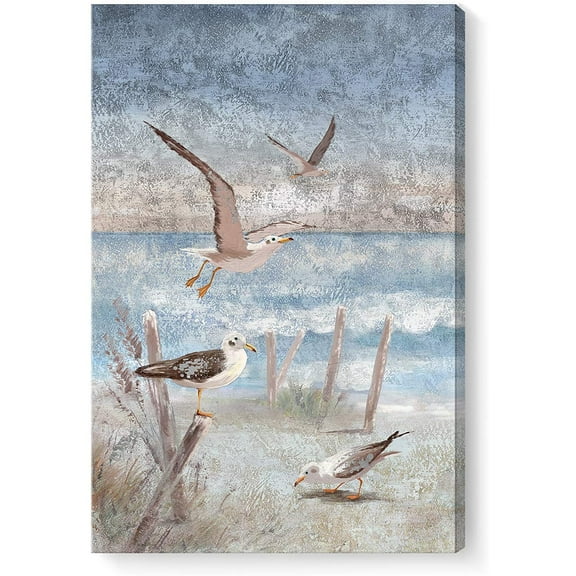 CDDposter Ocean Beach Canvas Wall Art for Bedroom Abstract Seaside Seagull Seascape Painting Coastal Picture Perching Bird by The Sea Shore Framed Artwork for Bathroom Living Room Office Decor 16x24