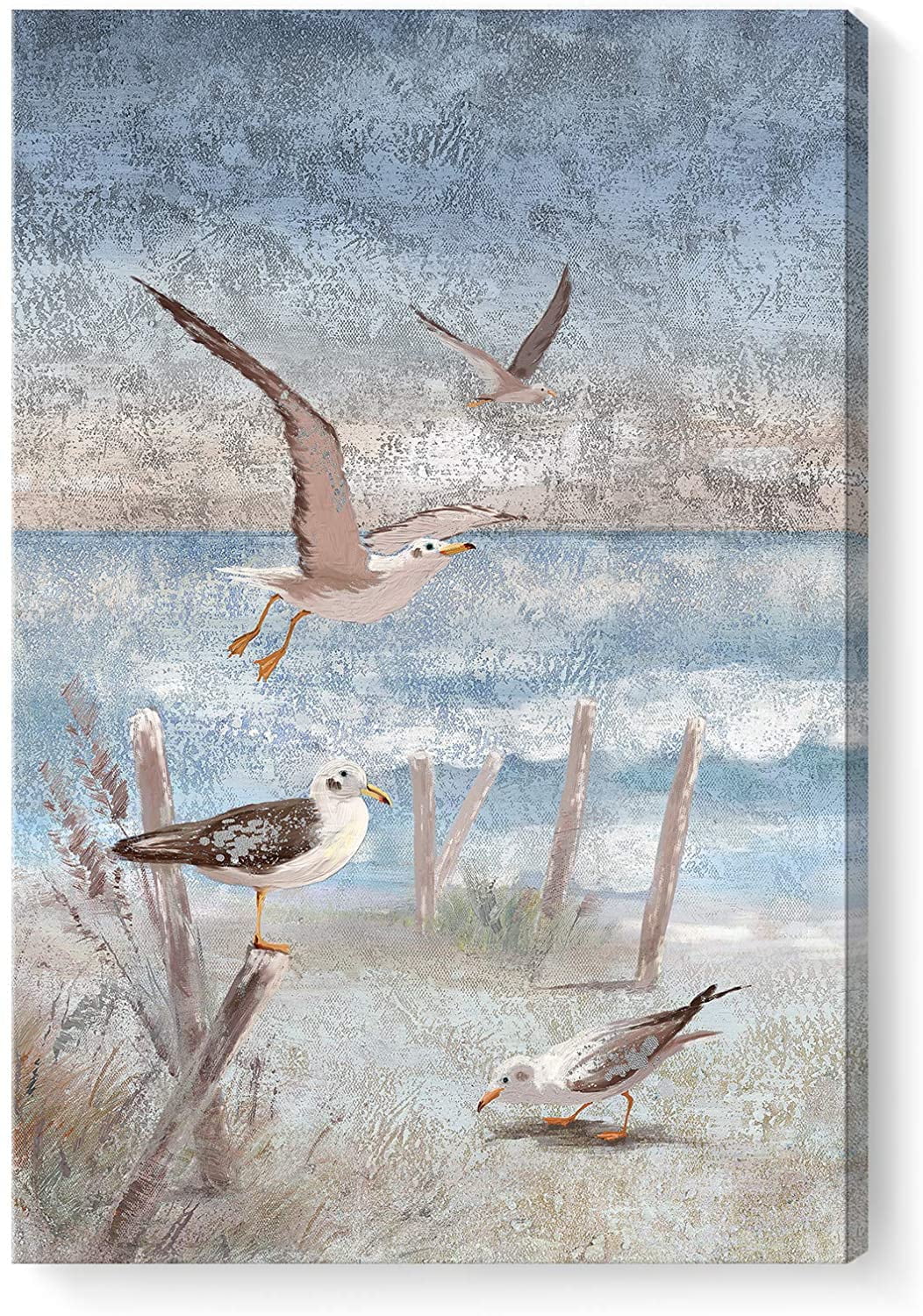 Seaside Seagull Coastal Canvas Wall Art with Wooden Frame
