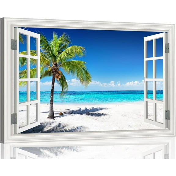 CDDposter Ocean Wall Art Beach Picture for Living Room White Window Frame Style Palm Tree Art Print on Canvas Large Blue Sea View Painting Artwork for Bedroom Home Office Decoration(32"×48")