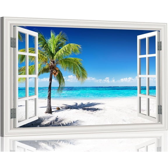 CDDposter Ocean Wall Art Beach Picture for Living Room White Window Frame Style Palm Tree Art Print on Canvas Large Blue Sea View Painting Artwork for Bedroom Home Office Decoration(32"×48")