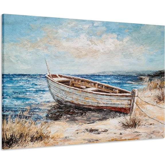 CDDposter Rustic Coastal Canvas Wall Art - Hand Painted Boat Pictures with Blue Waves for Living Room, Bedroom, Bathroom and Farmhouse Décor