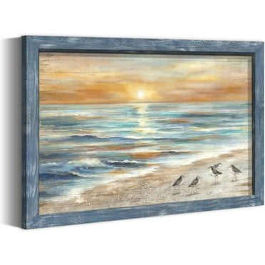 CDDposter Unframed Sunset Beach Wall Art: Modern Coastal Sea Birds Wooden Painting Rustic Dusk Ocean Sandpiper Artwork Calming Seascape Nature Picture Seaside Seagulls Prints for Bedroom Bathroom