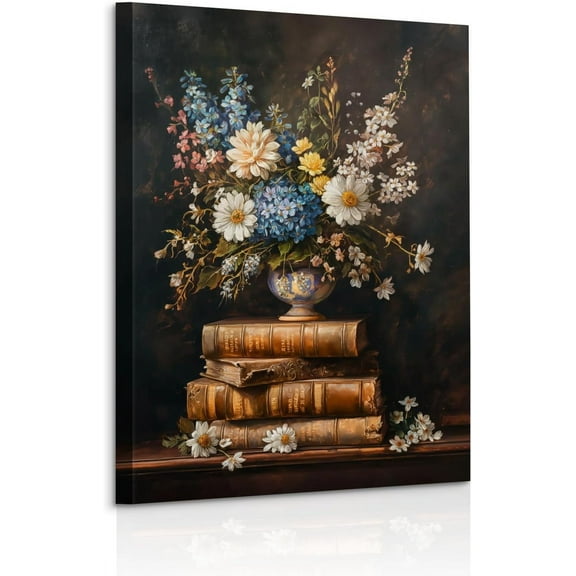 CDDposter Vintage Flower Books Canvas Wall Art, Moody Books Still Life Pictures Rustic Antique Art Oil Painting Prints Dark Academia Floral Artwork for Bedroom Living Room Wall Decor Framed 12x16in