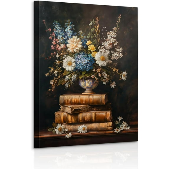 CDDposter Vintage Flower Books Canvas Wall Art, Moody Books Still Life Pictures Rustic Antique Art Oil Painting Prints Dark Academia Floral Artwork for Bedroom Living Room Wall Decor Framed 12x16in