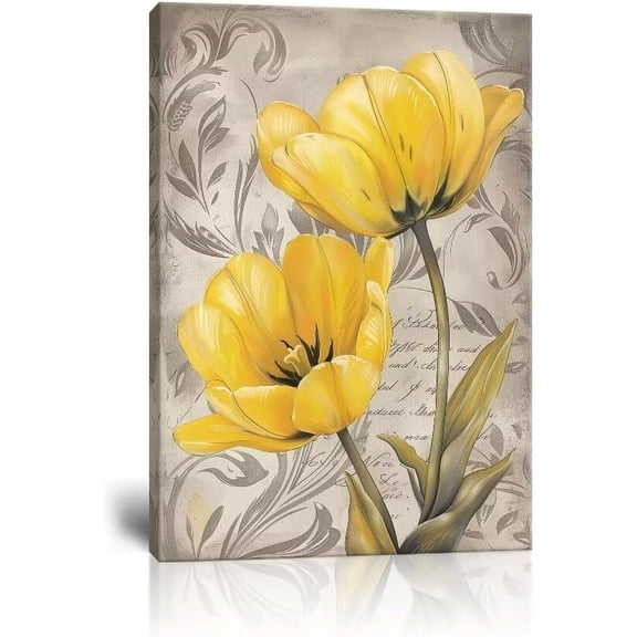 CDDposter Yellow Tulip Wall Art for Bathroom Office Home Decor Flowers Pictures Canvas Prints Framed Ready to Hang