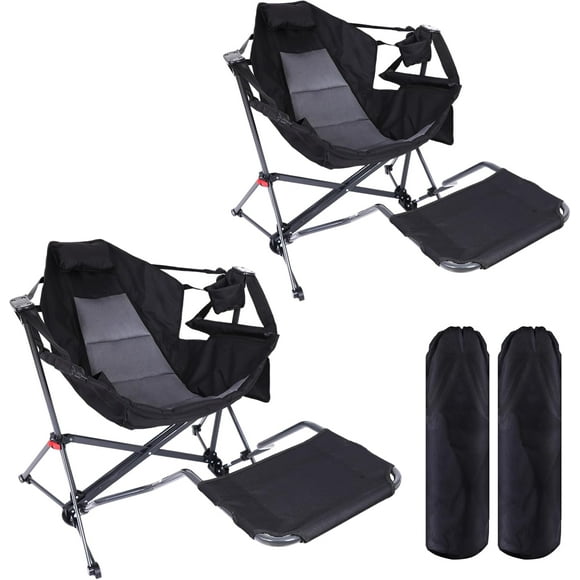 CDEN Hammock Chair with Footrest, Rocking Camping Chair, Swinging Camping Chairs, with Detachable Footrest, Cup Holder, Side Pocket, Armrest, Foldable, for Picnic, Travel, Festival (2 Pack)